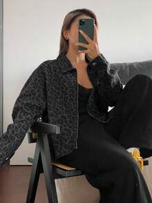 DAZY 女士豹纹宽松休闲牛仔外套 - 灰色 - 查看 3