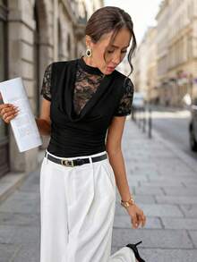 Editum Women's Elegant Sexy Lace Patchwork Blouse, Summer - Black and White - View 4
