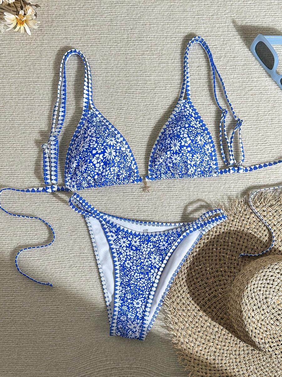 Swim Mod 2026新款女士夏季沙滩休闲度假碎花蓝色吊带金属星星吊坠露背性感高腰两件式比基尼泳衣 - 藍色 - 查看 1