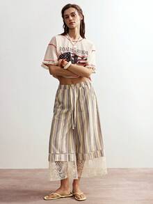 Bohemela 女士休闲梭织条纹拼接宽松阔腿条纹蕾丝拼接裤 女士夏季裤 条纹裤 波西米亚风裤 - 彩色 - 查看 6