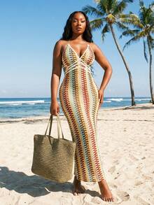 SHEIN SXY Plus Size Teal Boho Summer Beach Holiday Long Slip Dress,Yellow Woolen Fabric Contrasting Colors Embellishments,Elegant Casual Bohemian Slim Fit Dress - Multicolor - View 4