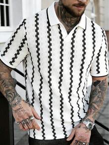 Manfinity CasualCool Men's All-Over Print Casual Short Sleeve Polo Shirt, Summer/Men's Striped Short Sleeve Polo Shirt Casual Summer Top/Men's Textured Striped Short Sleeve Collared Shirt Summer Fashion/Minimalist Men's Black & White Stripe Polo /Men's Modern Black & White Geometric Stripe Polo Shirt - Minimalist Style, Breathable Fabric, Regular Fit For Office & Weekend - White - View 1