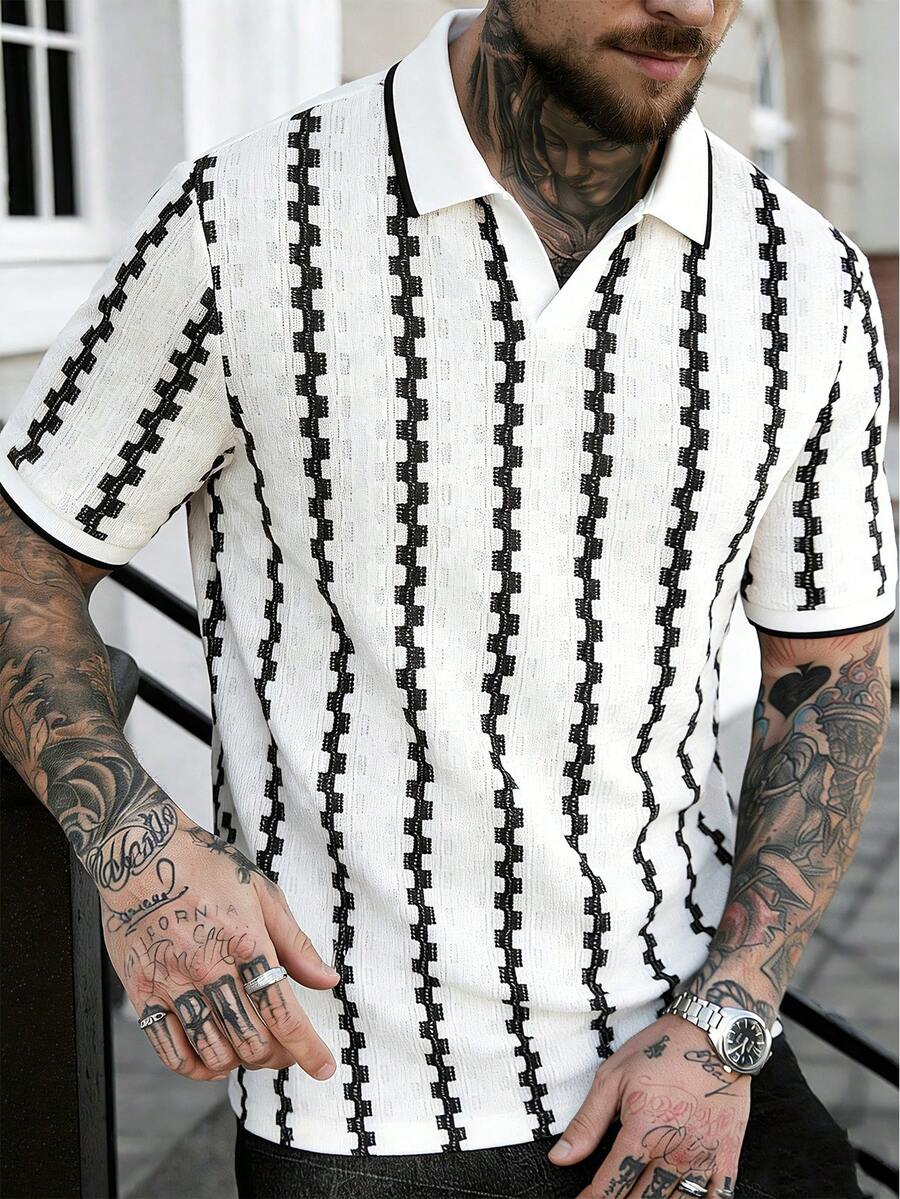 Manfinity CasualCool Men's All-Over Print Casual Short Sleeve Polo Shirt, Summer/Men's Striped Short Sleeve Polo Shirt Casual Summer Top/Men's Textured Striped Short Sleeve Collared Shirt Summer Fashion/Minimalist Men's Black & White Stripe Polo /Men's Modern Black & White Geometric Stripe Polo Shirt - Minimalist Style, Breathable Fabric, Regular Fit For Office & Weekend - White - View 1