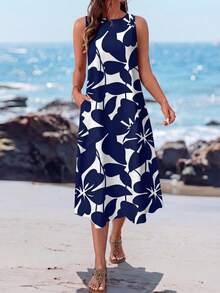 Sylviya Women's Casual Floral Pattern Round Neck Mid-Length Dress, Suitable For Spring/Summer Blue Floral Midi Dress Chic Dress,Casual - Blue - View 3