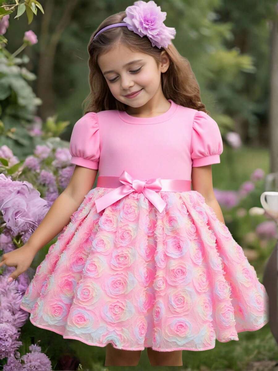 Glamorique Kids Đầm dự tiệc bằng vải voan họa tiết hoa cho bé gái, màu tím, kiểu dáng thanh lịch dành cho các dịp đặc biệt. - Bụi hồng - Xem 1