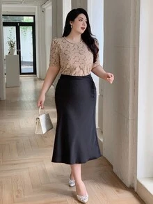 Dazy Plus Plus Size Women Floral Print Puff Sleeve Elegant Spring/Autumn T-Shirt, Suitable For Party - Khaki - View 5