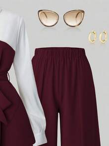 Franclia Women's Color Block Twist Front Long Sleeve Top And Solid Color Split Wide Leg Pants Casual 2 Pieces Set - Burgundy - View 3