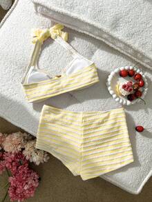 Swim Mod Women's Cute Vacation Pink Striped Halter Swimsuit Set - Yellow - View 2
