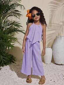 Conjunto de top halter de unicolor y pantalones de pierna ancha casual de vacaciones para niña - Púrpura malva - Ver 6