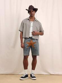 SUMWON Men's Star Print Denim Shorts With Contrast Brown Leather Star Applique Casual Summer Streetwear Style - Blue - View 1