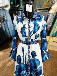 Franclia 女士蓝色花卉印花度假腰带长袖衬衫裙 - 藍白色 - 查看 1