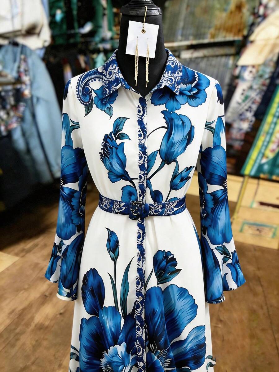 Franclia 女士蓝色花卉印花度假腰带长袖衬衫裙 - 藍白色 - 查看 1