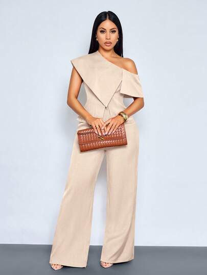 SOLERSUN 女士优雅复古商务休闲两件套，不对称领口收腰单排扣衬衫搭配阔腿口袋细节长裤，完美适用于度假和日常通勤。