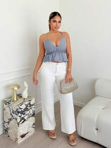 Maria Perezxox 女式条纹褶饰腰部荷叶边下摆性感时尚吊带背心 - 霧霾藍 - 查看 1