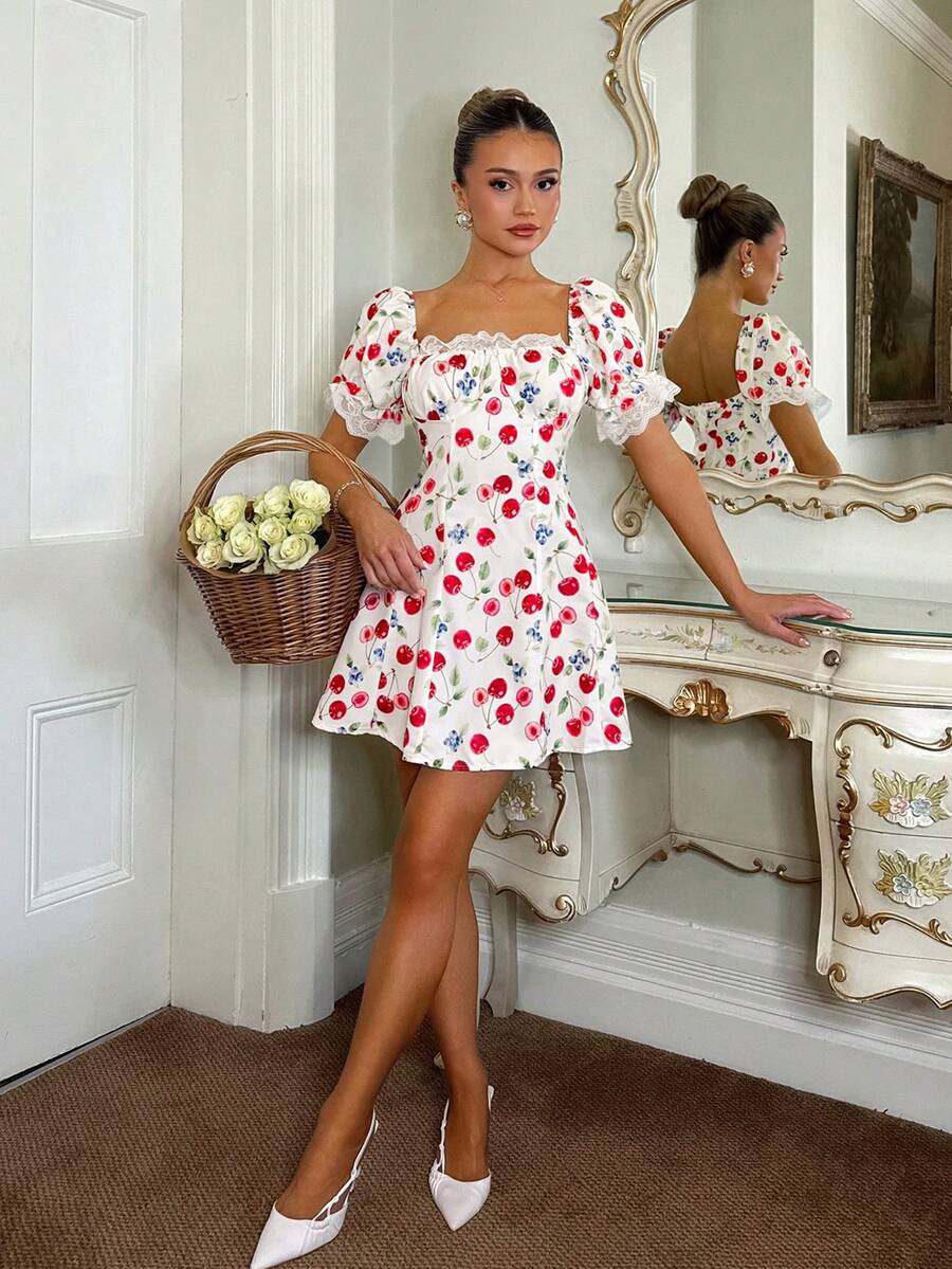SHEIN 女士浪漫约会樱桃蓝莓印花泡泡裙 - 彩色 - 查看 1