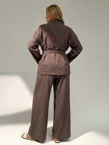 Auralis Plus Size Women's Solid Color Dolman Sleeve Shirt And Wide Leg Pants 2 Pieces Set - Coffee Brown - View 3