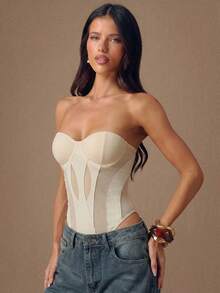 SHEIN BAE Bộ đồ liền thân màu đen gợi cảm, xuyên thấu, phối lưới, bất đối xứng, không dây đeo vai, thích hợp cho mùa thu/đông, Giáng sinh, Halloween, Ngày của người chết. - Màu be - Xem 6