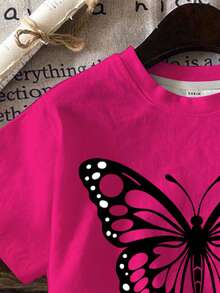 SHEIN 2件套女童休闲可爱蝴蝶图案粉色黑色短袖T恤和短裤套装，适合夏季、户外活动、返校季，可与姐妹装搭配。 - 彩色 - 查看 4