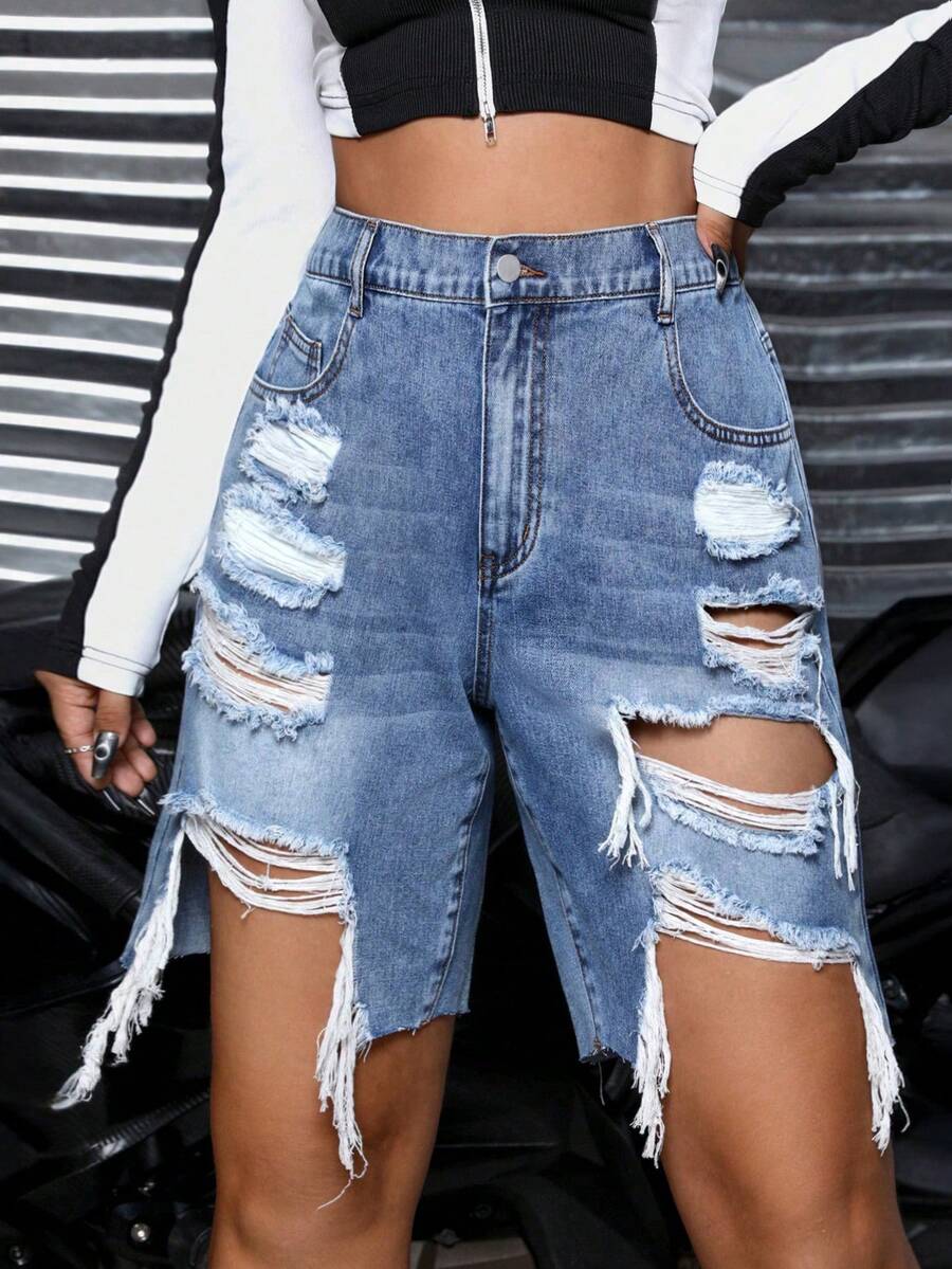 Jeanoix Women's Casual Washed Distressed Denim Shorts - Medium Wash - View 1