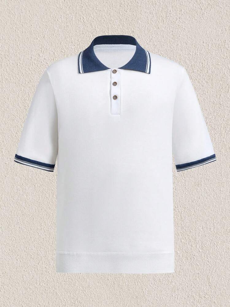 Manfinity Homme 男士撞色 Polo 领短袖针织上衣 Polo T 恤，适合夏季在夏威夷热带地区度假穿着。 - 白色 - 查看 1