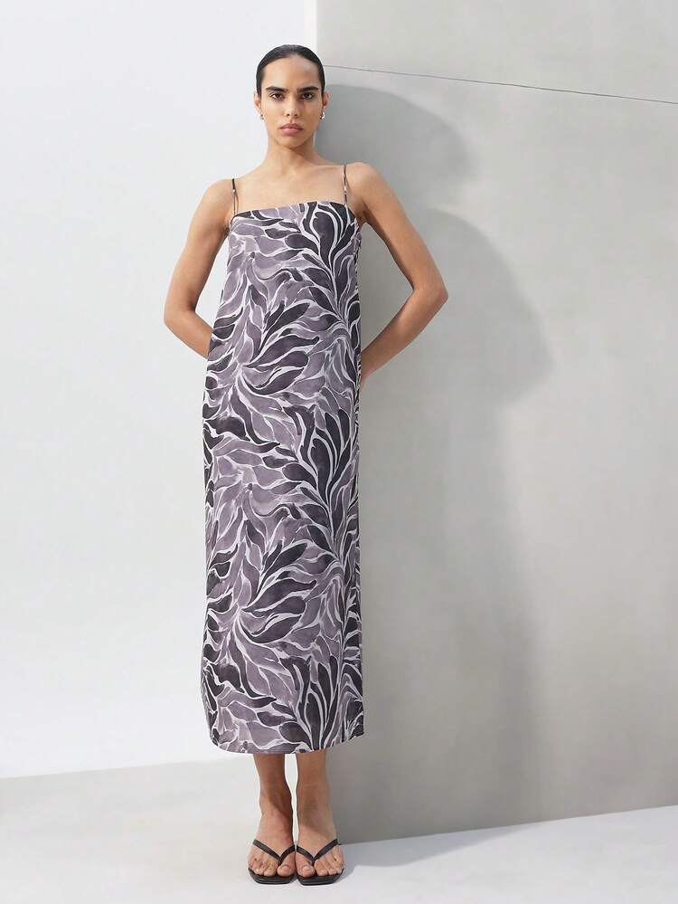 KSTM Abstract Swirl Print Cami Maxi Dress With Spaghetti Straps Summer Vacation Beach Flowy Ankle Length Sleeveless Sundress