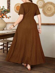Modelyn Plus Size Women's Ruffle Hem A-Line Dress, Minimalist Elegant Short Sleeve - Brown - View 2