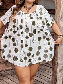 SHEIN CURVE+ Taille courbe US22 Femmes d'été Chemise à col rond à manches courtes imprimée de pois pour festival de musique, vacances au bord de , style bohème - Multicolore - Voir 5