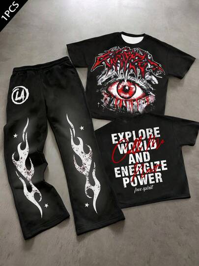 SHEIN Tween Boy Y2K 风格休闲涂鸦印花运动街头短袖 T 恤和喇叭裤 2 件套，适合夏季