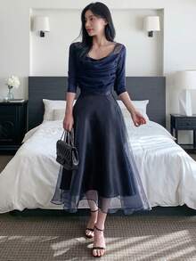 DAZY 2pcs Navy Blue Mesh Bodycon T-Shirt Set For Women - Navy Blue - View 4