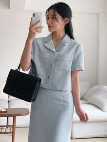 DAZY Women's Collared Short Jacket And Fitted Skirt 2 Pieces Set Summer - Blue - View 3