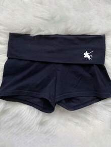 Glimmora Quần short nữ dáng ôm, màu trơn, thêu họa tiết, thích hợp mặc mùa hè. - màu đen - Xem 1