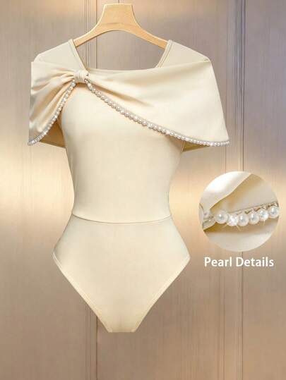 Franclia Women's Solid Color Bow Decor Pearl Decor Elegant Bodysuit