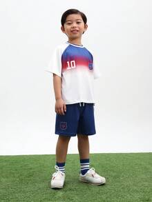 SUMWON Boys England Football Inspired Gradient Ombre T-Shirt And Shorts Co-Ord Set With Number 10 Print For Casual Summer Wear, World Cup 2026 Sporty Chic Game Day Football Blokecore Streetwear Jersey Kit - Multicolor - View 1