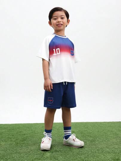 SUMWON Boys England Football Inspired Gradient Ombre T-Shirt And Shorts Co-Ord Set With Number 10 Print For Casual Summer Wear , World Cup