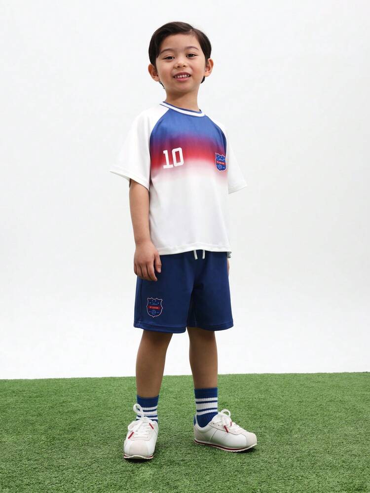 Boys England Football Inspired Gradient Ombre T-Shirt And Shorts Co-Ord Set With Number 10 Print For Casual Summer Wear , World Cup