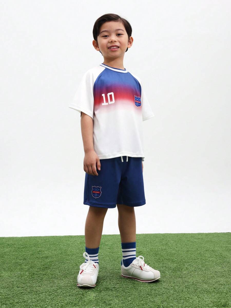 SUMWON Boys England Football Inspired Gradient Ombre T-Shirt And Shorts Co-Ord Set With Number 10 Print For Casual Summer Wear, World Cup 2026 Sporty Chic Game Day Football Blokecore Streetwear Jersey Kit - Multicolor - View 1