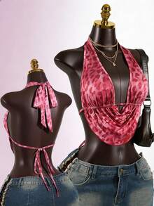 SaltGleam SaltGleam Áo hai dây thời trang nữ cổ yếm hở lưng xếp ly gợi cảm họa tiết da báo, thích hợp mặc đi club và mặc hàng ngày. - Nhiều màu - Xem 1