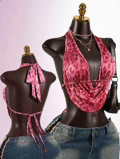 SaltGleam SaltGleam Women's Fashion Halter Backless Ruched Sexy Clubwear Leopard Print Party Clubbing Strap Camisole For Daily Wear