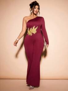 Cravure Plus Size Women Knitted Elegant One-Shoulder Long Sleeve Jumpsuit With Gold Applique, Burgundy - Burgundy - View 3