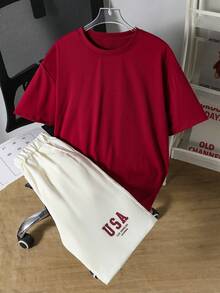 SHEIN Vacaura 2件套青少年男童夏季休闲户外字母印花圆领短袖T恤和运动跑步短裤 - 酒紅色 - 查看 3