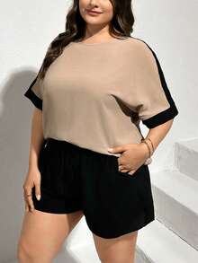 Enliva Plus Size Women's Summer Casual Resort Shorts And Shirt Set, Summer Two Pieces Set, Style Summer Two Pieces Set, Shorts Set,Mother Day Outfit,Women Two Pieces Sets, Summer Clothes,Work Set,Outfit Sets, For Apple And Rounded Body Shape - Khaki - View 3