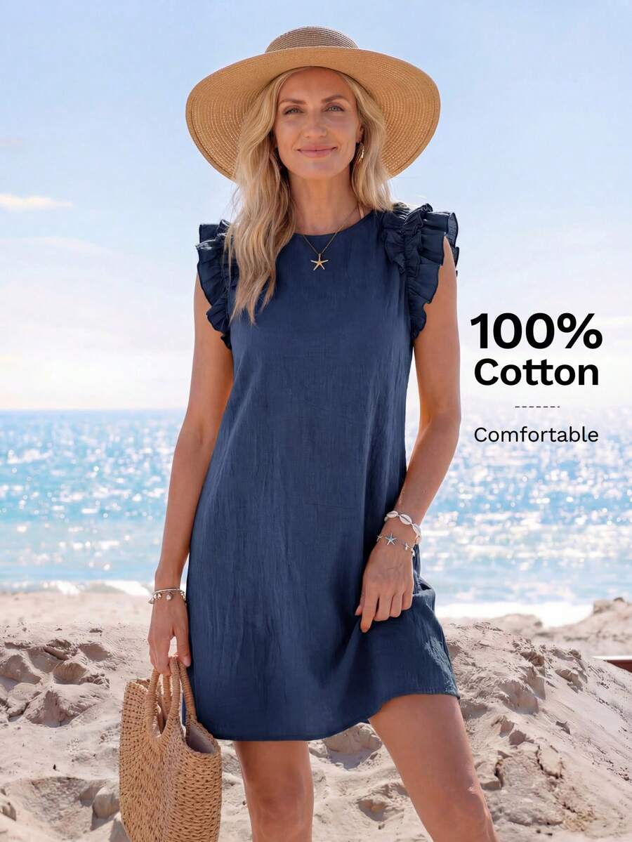 Sylviya Holiday Woven Solid Color Ruffle Decorated Mini Dress With Integrated Strap For Women - Navy Blue - View 1