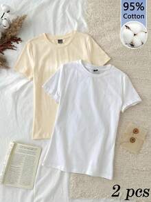 Tseoso 2件套休闲简约圆领短袖打底衫，杏色和白色，春夏款 - 彩色 - 查看 11