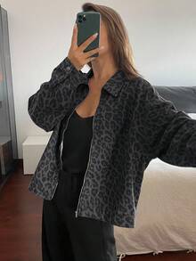 DAZY 女士豹纹宽松休闲牛仔外套 - 灰色 - 查看 1