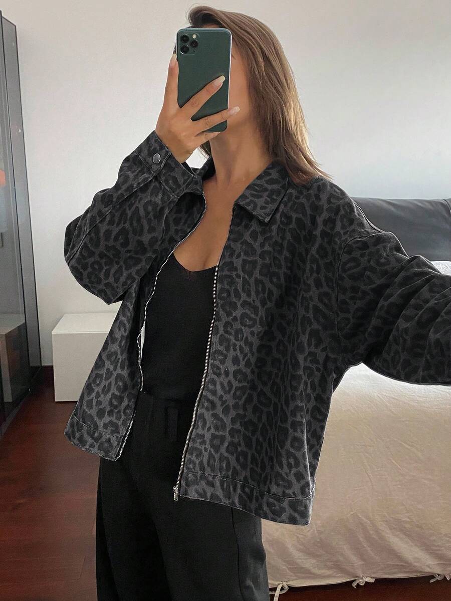 DAZY 女士豹纹宽松休闲牛仔外套 - 灰色 - 查看 1