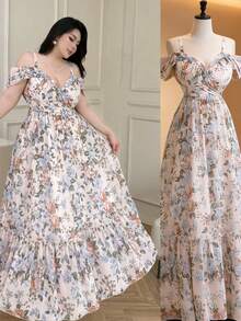 Vibekara Đầm maxi trễ vai hai dây in hoa cỡ lớn, kiểu dáng nghỉ mát, mùa xuân/hè. - Màu be - Xem 1