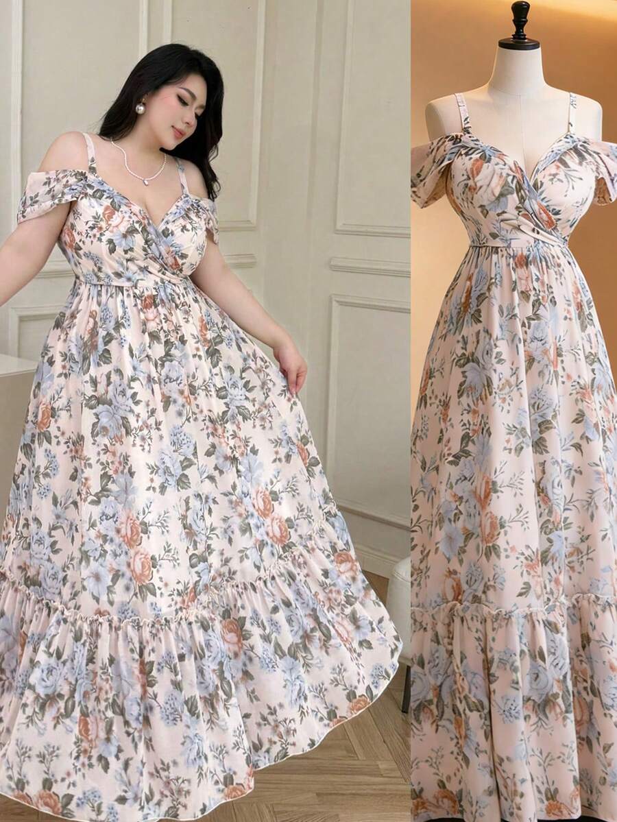 Vibekara Đầm maxi trễ vai hai dây in hoa cỡ lớn, kiểu dáng nghỉ mát, mùa xuân/hè. - Màu be - Xem 1