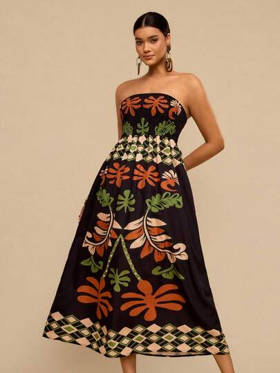 Travachic Plus Size Women's Apricot Floral Print Drawstring Waist A-Line Dress, Graphic Bandeau Dress For Summer Vacation