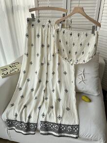 SHEIN EZwear 大尺碼女款夏季度假波西米亞風抹胸上衣與長褲套裝，居家穿著亞麻罩衫兩件套波西米亞洋裝 - 杏色 - 查看 6