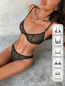 Aloruh Summer,Spring, Sheer Mesh Underwire Lingerie Set - Black - View 1